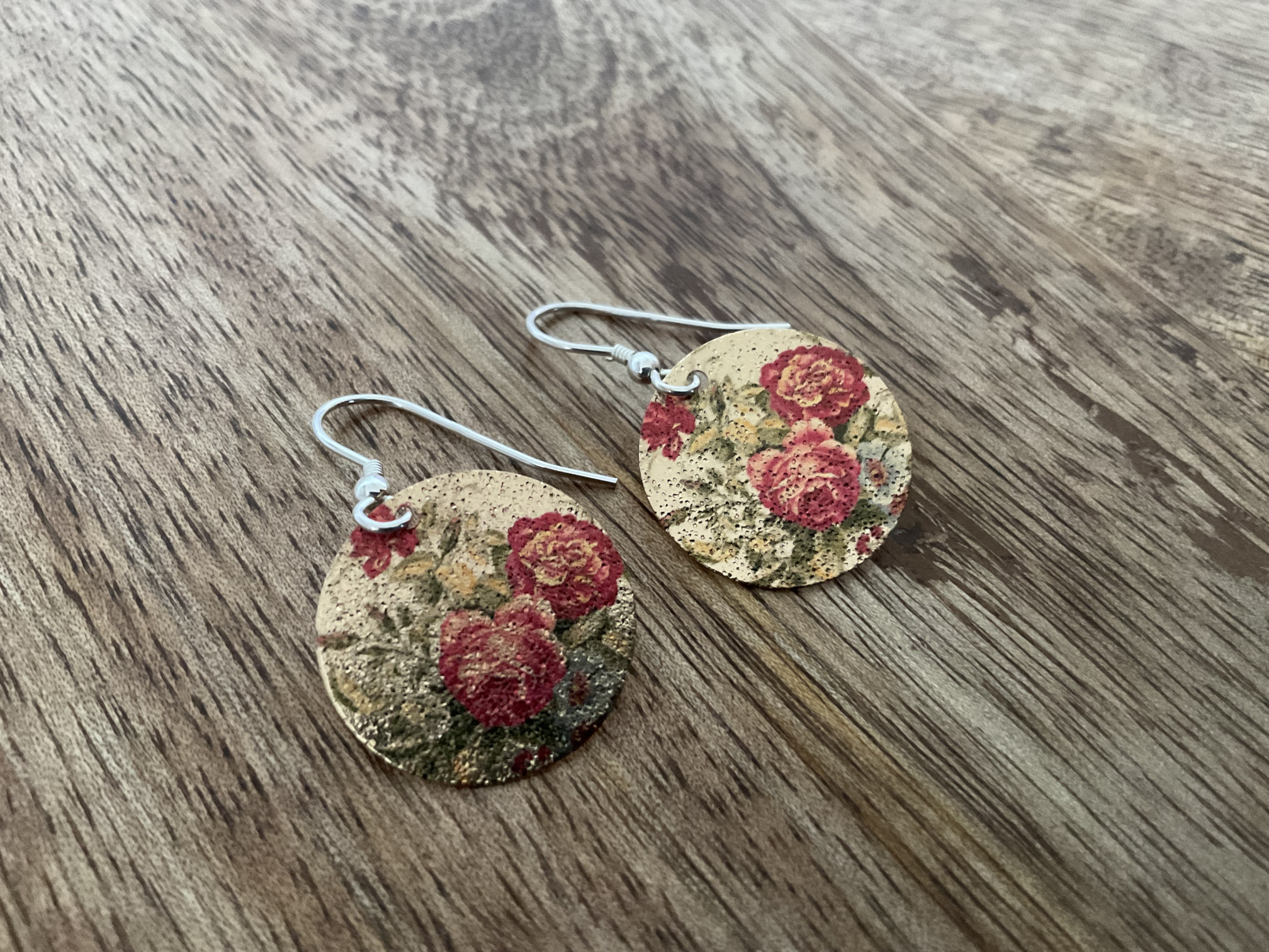 Painted Brass Disk Dangle Earrings - Roses - Click Image to Close